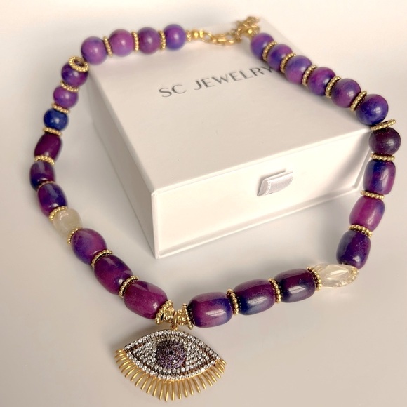 Gemstone Necklace - Natural Agate Stone w/ Purple Evil Eye | Handcrafted Jewelry - Picture 2 of 8
